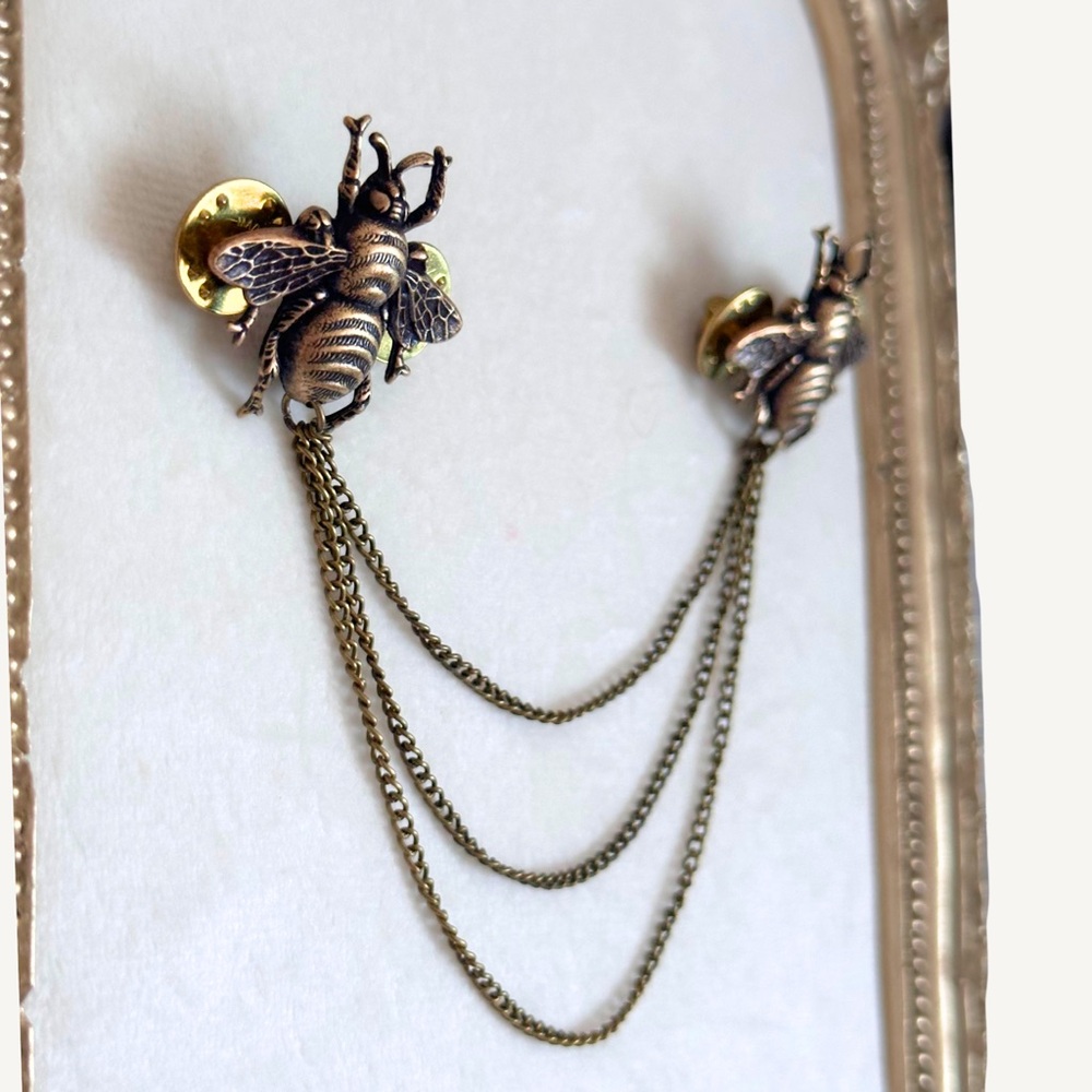 Bee Sweater Pin or Brooch with Triple Chain - Antique Brass Tone